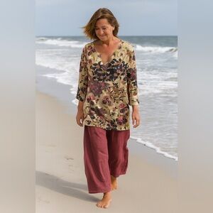 Hot Cotton Sz 3X Ivory 100% Linen Floral Tunic Blouse Boho USA Made  Lagenlook